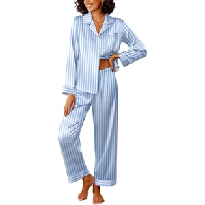 image:imageEkouaer Womens Silk Satin Pajama Sets 2 Piece Sleepwear Pjs Set Long Sleeve Button Down Top and Pants Stripe Loungewear SXXLBlue White Stripe