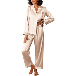 image:imageEkouaer Womens Silk Satin Pajama Sets 2 Piece Sleepwear Pjs Set Long Sleeve Button Down Top and Pants Stripe Loungewear SXXLChampagne