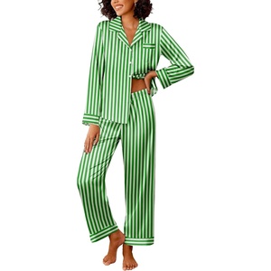 image:imageEkouaer Womens Silk Satin Pajama Sets 2 Piece Sleepwear Pjs Set Long Sleeve Button Down Top and Pants Stripe Loungewear SXXLGreen White Stripe