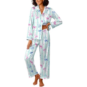 image:imageEkouaer Womens Silk Satin Pajama Sets 2 Piece Sleepwear Pjs Set Long Sleeve Button Down Top and Pants Stripe Loungewear SXXLGreen White Stripe With Bow