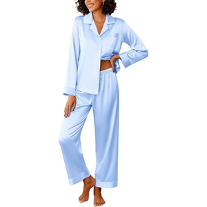 image:imageEkouaer Womens Silk Satin Pajama Sets 2 Piece Sleepwear Pjs Set Long Sleeve Button Down Top and Pants Stripe Loungewear SXXLLight Blue