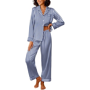 image:imageEkouaer Womens Silk Satin Pajama Sets 2 Piece Sleepwear Pjs Set Long Sleeve Button Down Top and Pants Stripe Loungewear SXXLNavy White Stripe