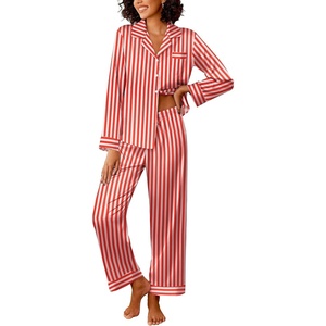 image:imageEkouaer Womens Silk Satin Pajama Sets 2 Piece Sleepwear Pjs Set Long Sleeve Button Down Top and Pants Stripe Loungewear SXXLRed White Stripe