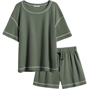 image:imageEkouaer Womens Waffle Knit Two Piece Lounge Set Soft Matching Outfits for Daily Wear Casual Shorts Set with PocketArmy Green