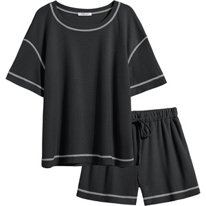 image:imageEkouaer Womens Waffle Knit Two Piece Lounge Set Soft Matching Outfits for Daily Wear Casual Shorts Set with PocketBlack