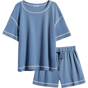 image:imageEkouaer Womens Waffle Knit Two Piece Lounge Set Soft Matching Outfits for Daily Wear Casual Shorts Set with PocketBlue
