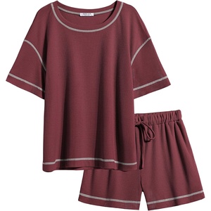 image:imageEkouaer Womens Waffle Knit Two Piece Lounge Set Soft Matching Outfits for Daily Wear Casual Shorts Set with PocketDate Red