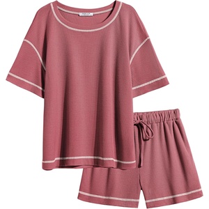 image:imageEkouaer Womens Waffle Knit Two Piece Lounge Set Soft Matching Outfits for Daily Wear Casual Shorts Set with PocketGray Purple Red