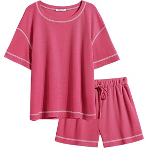 image:imageEkouaer Womens Waffle Knit Two Piece Lounge Set Soft Matching Outfits for Daily Wear Casual Shorts Set with PocketHot Pink
