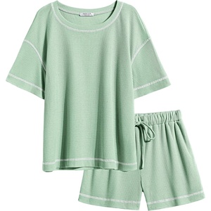 image:imageEkouaer Womens Waffle Knit Two Piece Lounge Set Soft Matching Outfits for Daily Wear Casual Shorts Set with PocketIce Green