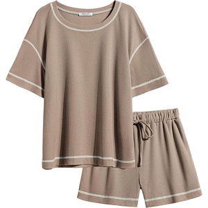 image:imageEkouaer Womens Waffle Knit Two Piece Lounge Set Soft Matching Outfits for Daily Wear Casual Shorts Set with PocketKhaki