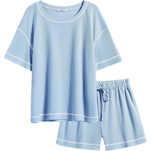 image:imageEkouaer Womens Waffle Knit Two Piece Lounge Set Soft Matching Outfits for Daily Wear Casual Shorts Set with PocketLight Blue