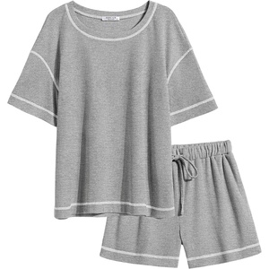 image:imageEkouaer Womens Waffle Knit Two Piece Lounge Set Soft Matching Outfits for Daily Wear Casual Shorts Set with PocketLight Gray