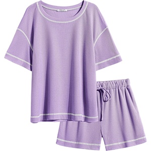 image:imageEkouaer Womens Waffle Knit Two Piece Lounge Set Soft Matching Outfits for Daily Wear Casual Shorts Set with PocketLilac