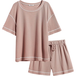 image:imageEkouaer Womens Waffle Knit Two Piece Lounge Set Soft Matching Outfits for Daily Wear Casual Shorts Set with PocketLotus Root Starch