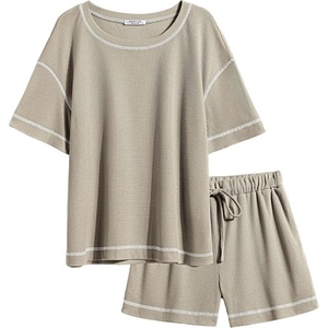image:imageEkouaer Womens Waffle Knit Two Piece Lounge Set Soft Matching Outfits for Daily Wear Casual Shorts Set with PocketMoon Gray