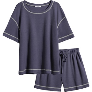 image:imageEkouaer Womens Waffle Knit Two Piece Lounge Set Soft Matching Outfits for Daily Wear Casual Shorts Set with PocketNavy Blue
