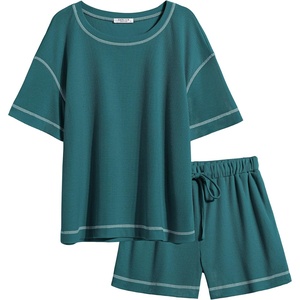 image:imageEkouaer Womens Waffle Knit Two Piece Lounge Set Soft Matching Outfits for Daily Wear Casual Shorts Set with PocketPeacock Blue