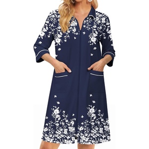 image:imageEkouaer Zipper Robes for Women 34 Sleeve Housecoats Knee Length Bathrobe Lightweight Nightgown with Pockets S3XLNavy Blue Flower