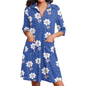 image:imageEkouaer Zipper Robes for Women Waffle Knit Bathrobes Short Lightweight Knee Length Loungewear with Pockets SXXLFloral Leopard Blue
