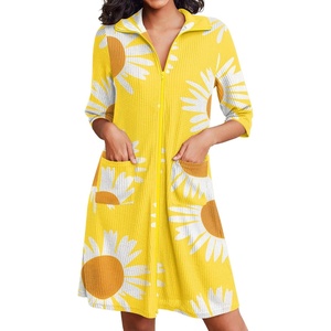 image:imageEkouaer Zipper Robes for Women Waffle Knit Bathrobes Short Lightweight Knee Length Loungewear with Pockets SXXLFloral Yellow