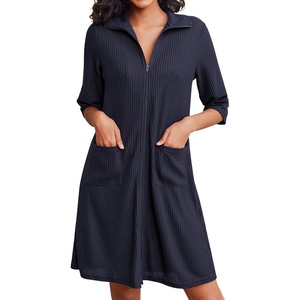 image:imageEkouaer Zipper Robes for Women Waffle Knit Bathrobes Short Lightweight Knee Length Loungewear with Pockets SXXLNavy Blue