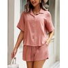 image:imageEkouaer 2 Piece Linen Lounge Sets for Women Button Down Loungewear Tops and Shorts Pajama Set with Pockets
