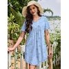 image:imageEkouaer Nightgowns for Women Cotton Night Gowns Pleated Nightshirts Henley V Neck Sleepshirts Short Sleeve SleepwearCyan White Florals