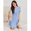 image:imageEkouaer Nightgowns for Women Cotton Night Gowns Pleated Nightshirts Henley V Neck Sleepshirts Short Sleeve SleepwearCyan White Florals