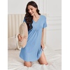 image:imageEkouaer Nightgowns for Women Cotton Night Gowns Pleated Nightshirts Henley V Neck Sleepshirts Short Sleeve SleepwearLight Blue