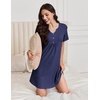 image:imageEkouaer Nightgowns for Women Cotton Night Gowns Pleated Nightshirts Henley V Neck Sleepshirts Short Sleeve SleepwearNavy Blue