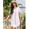 image:imageEkouaer Nightgowns for Women Cotton Night Gowns Pleated Nightshirts Henley V Neck Sleepshirts Short Sleeve SleepwearWhite Pink Line Florals