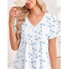 image:imageEkouaer Nightgowns for Women Cotton Night Gowns Short Sleeve Moo Moos Button House Dress V Neck Sleepshirts Soft SleepwearBlue Flowers White
