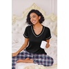 image:imageEkouaer Pajamas for Women Set 2 Piece Lounge Set Soft Pajama Sets Short Sleeve and Pants Pj Sets Loose Sleepwear with PocketsBleu and Red Plaid