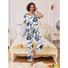 image:imageEkouaer Pajamas for Women Set 2 Piece Lounge Set Soft Pajama Sets Short Sleeve and Pants Pj Sets Loose Sleepwear with PocketsWhite and Blue Flower