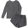 image:imageEkouaer Ribbed Knit Pajamas Sets for Women ButtonDown Loungewear Casual Shirt and Shorts 2 Piece Long Sleeve Soft Lounge Set