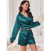 image:imageEkouaer Satin Pajamas Set for Women V Neck Long Sleeve and Shorts 2 Piece Matching Lounge Set with Pockets