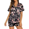 image:imageEkouaer Silk Pajamas for Women Short Sleeve Sleepwear Soft Button Down Loungewear 2 Piece Satin Pjs Shorts SetFloral Black Pink