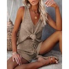 image:imageEkouaer Womens 2024 Fashion Knit Pajama Set 2 Piece Outfits VNeck Sleeveless Tank Top and Drawstring Shorts Set Light Tan L