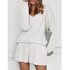 image:imageEkouaer Womens Pajama Set Waffle Knit Lounge Set V Neck Off Shoulder Sleepwear Long Sleeve Top and Shorts 2 Piece Sweatsuit