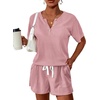 image:imageEkouaer Womens Waffle Knit Pajamas Set Short Sleeve Top with Shorts Matching Lounge Sets Loungewear Sweatsuit with Pockets