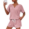 image:imageEkouaer Womens Waffle Knit Pajamas Set Short Sleeve Top with Shorts Matching Lounge Sets Loungewear Sweatsuit with Pockets