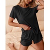 image:imageWomens Ribbed Knit Pajama Sets Short Sleeve Top and Shorts Lounge Set Loungewear