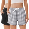 image:imageEkouaer 2 Pack Womens Pajama Shorts 2026 Summer Casual Lounge Sleep Short Ruffle Soft Comfy Pj Bottoms with PocketsBlackgray Stripe