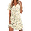 image:imageEkouaer Nightgowns for Women Cotton Night Gowns Pleated Nightshirts Henley V Neck Sleepshirts Short Sleeve SleepwearYellow Red Florals