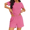 image:imageEkouaer Pajamas Sets for Women Ribbed Knit Sleepwear Set Soft Short Sleeve Pjs with Pockets Casual Lounge Sets with Pockets Pink M