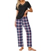 image:imageEkouaer Pajamas for Women Set 2 Piece Lounge Set Soft Pajama Sets Short Sleeve and Pants Pj Sets Loose Sleepwear with PocketsBleu and Red Plaid