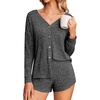 image:imageEkouaer Ribbed Knit Pajamas Sets for Women ButtonDown Loungewear Casual Shirt and Shorts 2 Piece Long Sleeve Soft Lounge Set