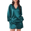 image:imageEkouaer Satin Pajamas Set for Women V Neck Long Sleeve and Shorts 2 Piece Matching Lounge Set with Pockets