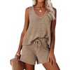 image:imageEkouaer Womens 2024 Fashion Knit Pajama Set 2 Piece Outfits VNeck Sleeveless Tank Top and Drawstring Shorts Set Light Tan L